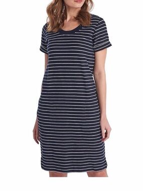 Barbour T-Shirt Dress Womens 10 Blue White Stripe 100% Cotton Pockets Nautical